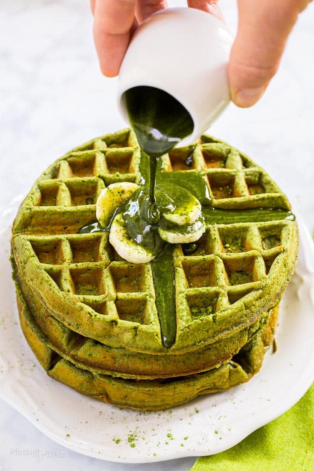 Matcha Waffles: Earthy, Vibrant Green with White Chocolate Drizzle